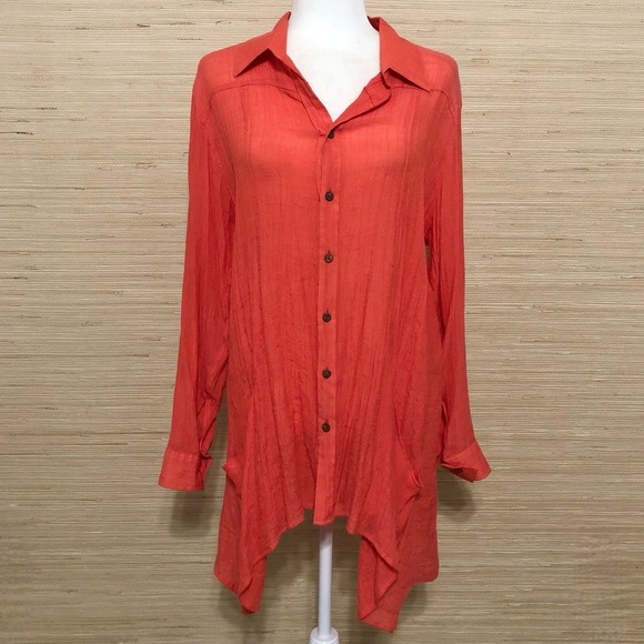 Gaya Coral Orange Long Button Front Silk Cotton Sheer Long Sleeve Blouse Coverup - Picture 1 of 10